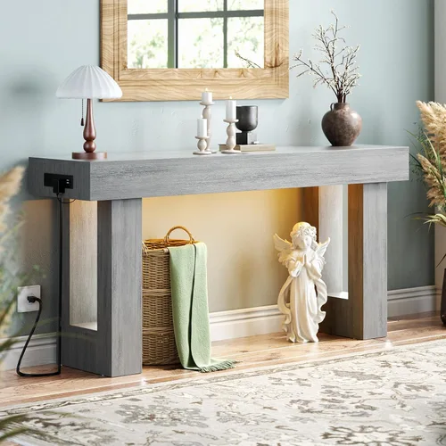 Vista 17 de Unikito Mesa de entrada de 32 pulgadas con enchufe y sensor de luz, mesa consola estrecha con almacenamiento detrás del sofá, mesa de entrada