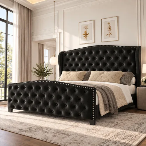 Vista 11 de LARMACE Base de cama tamaño Queen con tapizado de terciopelo, cama de plataforma con cabecera y pie de ala, base de cama con botones profundos