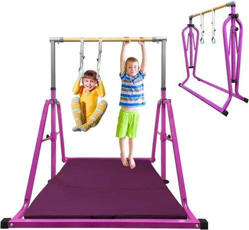 Vista 12 de GLANT Barra de gimnasia para niños con juego de anillos, 7 alturas ajustables, fácil de plegar, barra de entrenamiento de gimnasia para niños