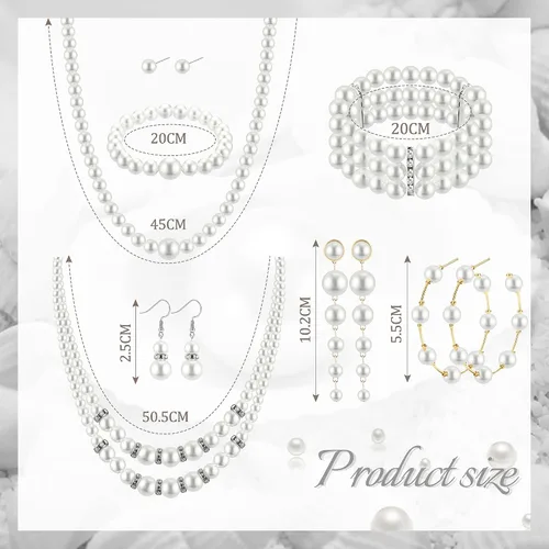 Vista 6 de FUNRUN JEWELRY Juego de joyas de perlas con 2 collares de perlas sintéticas, 2 pulseras de perlas, 3 pares de aretes de perlas de los años 20