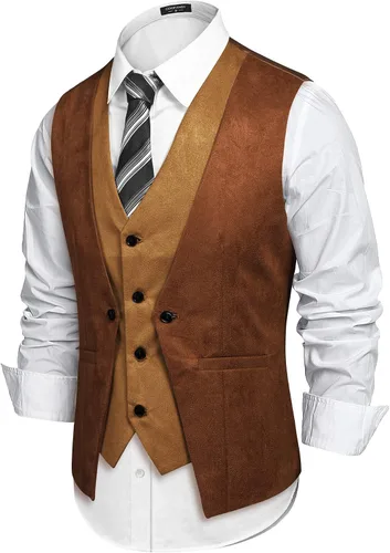 Vista 2 de COOFANDY Chaleco de cuero de ante para hombre, estilo en capas, chaleco de vestir