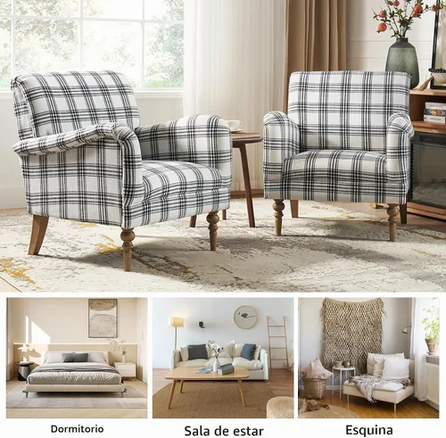 Vista 5 de HULALA HOME Silla decorativa moderna con brazos y patas de madera, cómodo sillón tapizado para dormitorio, sala de estar (patrón a cuadros, negro)