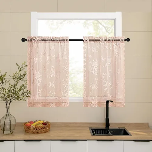 Vista 15 de Cortinas de encaje beige, juego de 2 paneles de cortinas traslúcidas con bolsillo para cortinero, decoración de ventana pequeña, baño, sótano