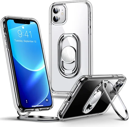 Vista 8 de Shields Up - Funda para iPhone 11 con soporte, soporte de 2 vías, color negro transparente Double Ring Holder, Adjustable & Foldable, Shockproof