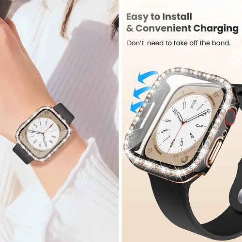 Vista 8 de Goton - Pack de 2 Fundas Bling para Apple Watch con Protector de Pantalla 40mm SE 3/2/1, Series 6/5/4, Funda con Purpurina para Mujer con Diamantes