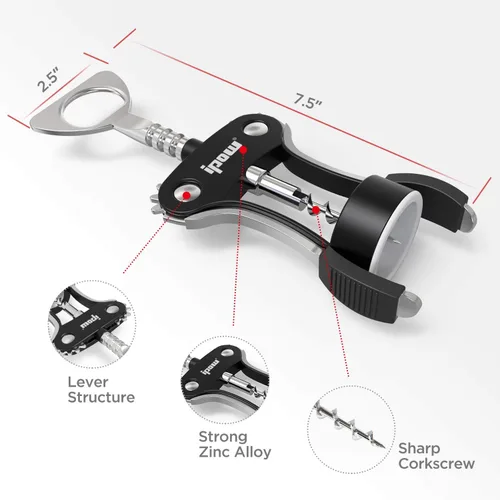 Vista 6 de IPOW Abridor de vino, abridor de botellas de vino de aleación de zinc, sacacorchos de ala resistente, sacacorchos multifuncional manual para Negro