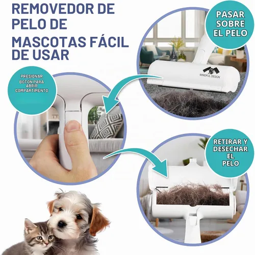 Vista 3 de Mindful Design Rodillo removedor de pelo de mascotas y rodillo de pelusa reutilizable – Removedor de pelo de gatos y perros para muebles, sofá