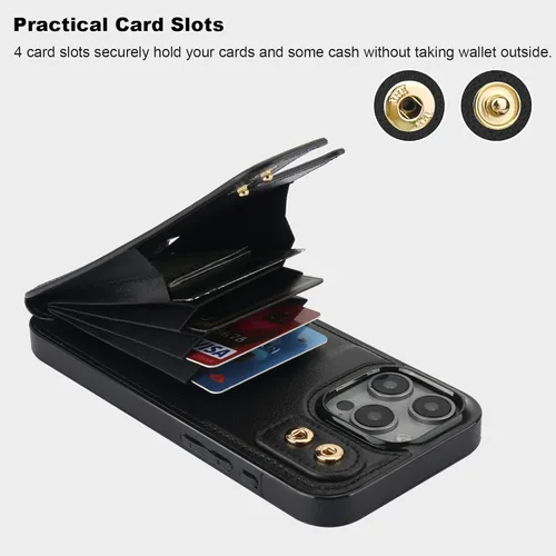 Vista 4 de Folosu Funda compatible con iPhone 16 Pro Max con soporte para tarjetas, rotación de 360°, soporte de anillo de dedo con función atril, bloqueo Negro
