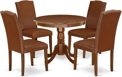 Vista 23 de East West Furniture ANEN3-LWH-06 - Juego de mesa de cocina de 3 piezas contiene una mesa de comedor redonda con pedestal y 2 sillas de comedor
