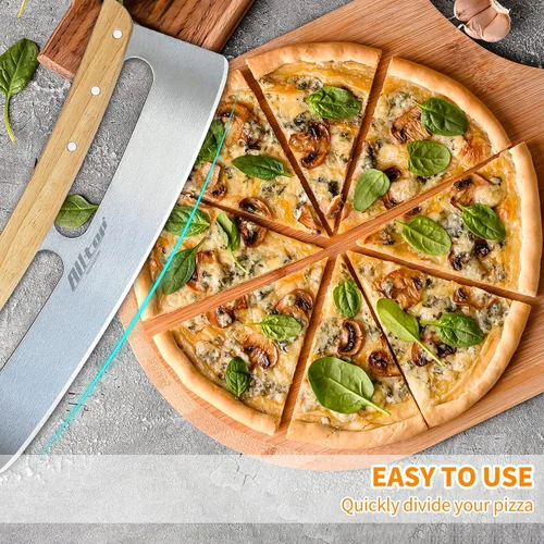 Vista 3 de ALLTOP Cortador de pizza Rocker – Hoja de corte de acero inoxidable de alto rendimiento con mango de madera de una sola pieza – Accesorio de pizza