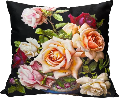 Vista 53 de Funda de cojín floral ligera de lujo, 18 x 18 pulgadas, pintura al óleo retro victoriana de doble cara, fondo negro, flor vibrante, funda de cojín