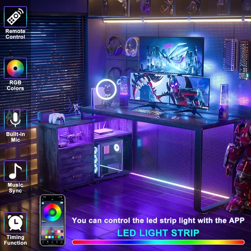 Vista 6 de Homieasy Escritorio en forma de L con archivador y toma de corriente, escritorios reversibles de esquina grandes de 55 pulgadas con tira LED