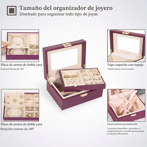 Vista 4 de LANDICI Joyero de cuero de 2 capas con espejo, morado