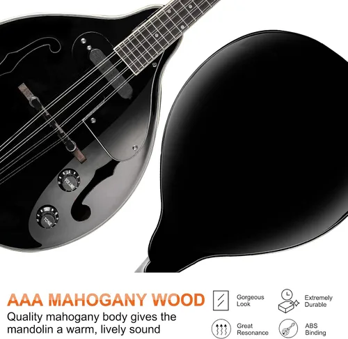 Vista 3 de Vangoa Instrumento de Mandolina de Caoba Eléctrico Acústico Estilo A, Mandolina Musical para Principiantes, Adultos, Adolescentes, Niños, Negro