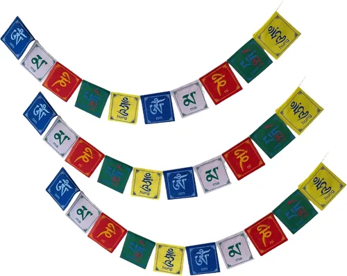 Vista 8 de Mini Buda de la Compasión Om Mani Banderas de Oración de Nepal Juego de 10 Banderas