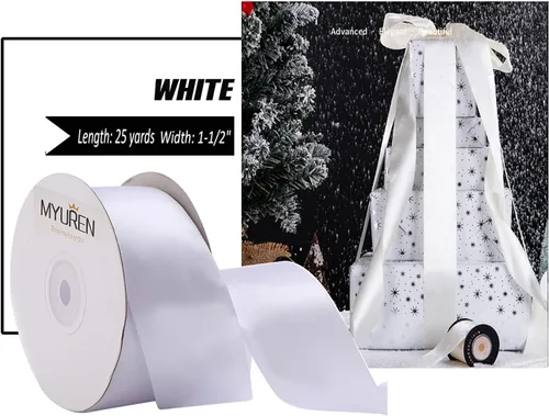Vista 2 de Cinta de satén de poliéster blanco de doble cara de 1-1/2 pulgadas de ancho para manualidades, boda, envoltura de regalos, fabricación de lazos