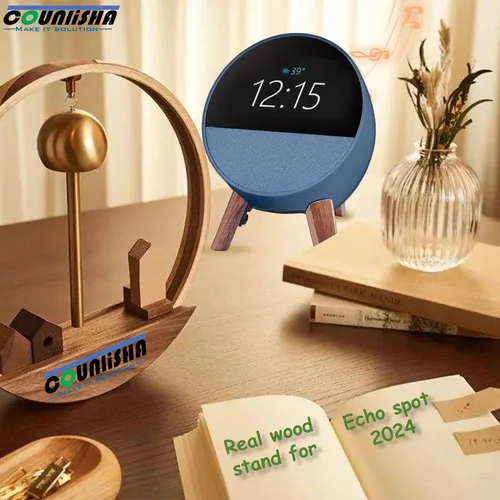 Vista 6 de Real Wood Stand for Echo Spot (2024 Released) Smart Alarm Clock, Tripod Mount Accessories Protect Alexa for Better Sound, Secure Stable Wooden