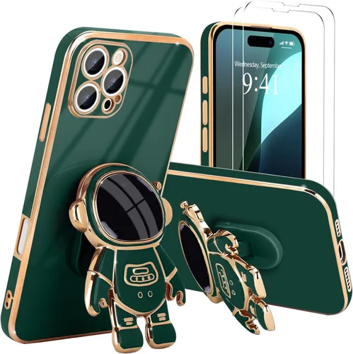 Vista 49 de Pepmune - Funda para iPhone 15 con soporte de astronauta 3D, color negro [2 Screen Protector], Luxury Electroplated Soft TPU Cover with Kickstand