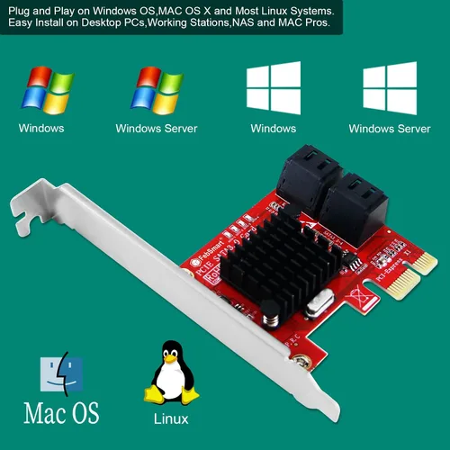 Vista 5 de Tarjeta de expansión PCIE 3.0 a 4 puertos 6Gbps SATA III para PC de escritorio, Plug and Play en Windows OS, MAC OS, Linux, ASMedia ASM1064