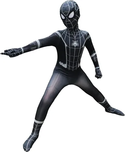 Vista 6 de PREQUA Disfraz de superhéroe de Halloween para hombre, cosplay, traje negro, Zentai, overol de juego de simulación para niños y adultos