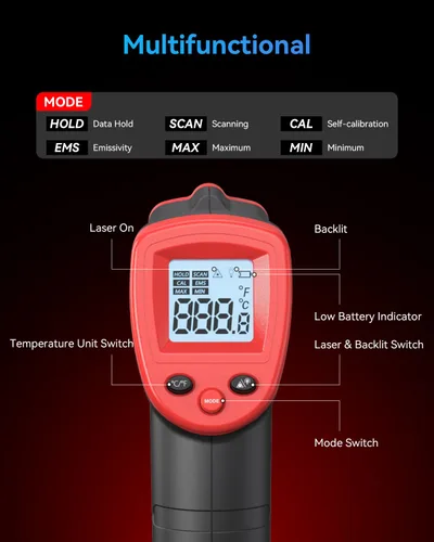 Vista 6 de Wintact Termómetro Infrarrojo Pistola de Temperatura -58℉ a 1094℉, Pistola Digital IR de Temperatura Superficial, Pistola Térmica Láser Sin Contacto