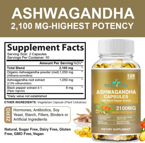 Vista 2 de TheraSuva Ashwagandha de potencia superior 2100 mg + extracto de pimienta negra 8 mg suplemento para alivio del estrés y apoyo inmunológico