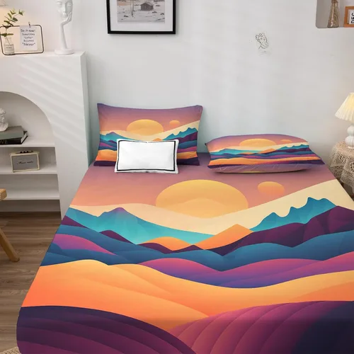 Vista 2 de Sun Sheets - Juego de sábanas de 3 piezas con estampado bohemio de montaña, sábanas y fundas de almohada estampadas - Sábana bajera ajustable