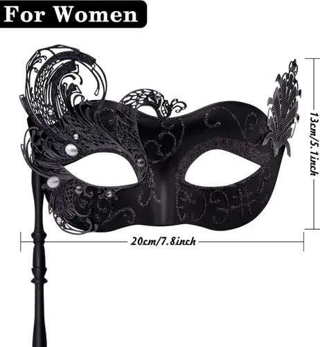 Vista 3 de SIQUK Máscaras de máscaras para parejas con palo, máscara veneciana de metal en un palo, máscara de disfraz de Halloween, máscara de Mardi Gras