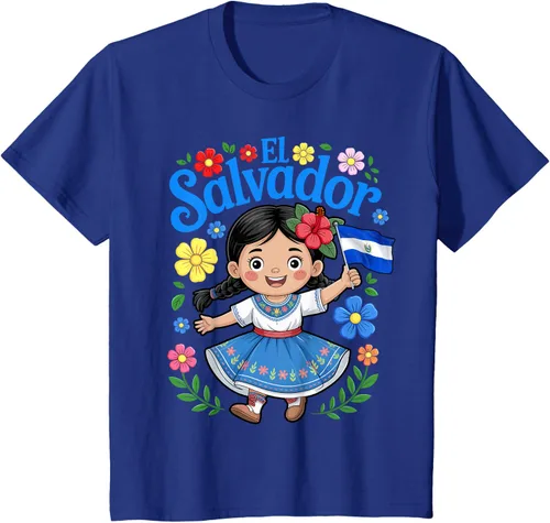 Vista 14 de Camiseta de estilo tradicional floral para niña con la bandera de El Salvador
