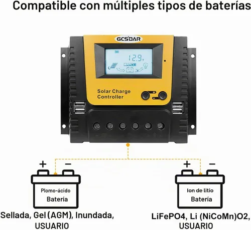 Vista 3 de Controlador de carga solar GCSOAR 40A 12/24/48V Auto PWM Regulador APP Monitor