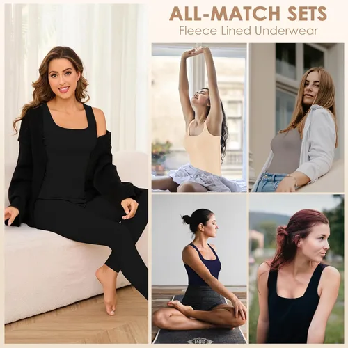 Vista 5 de Conjuntos de ropa interior térmica para mujer, pantalones largos de forro polar, capa base térmica, para clima frío, conjunto de camiseta e inferior