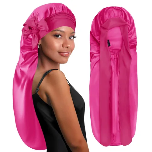 Vista 25 de BONNET QUEEN Gorro de Trenza de Seda Gorro Plegable Extra Largo para Trenzas con Banda de Atar, Capó de Satén Largo para Dormir, Verde Oscuro
