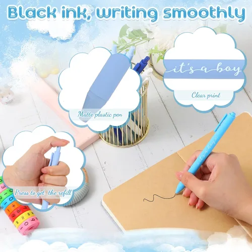 Vista 3 de Chuangdi Juego de 50 bolígrafos de baby shower, recuerdos para invitados, bolígrafos con texto en inglés "It's a Boy Girl", tarjetas de Azul