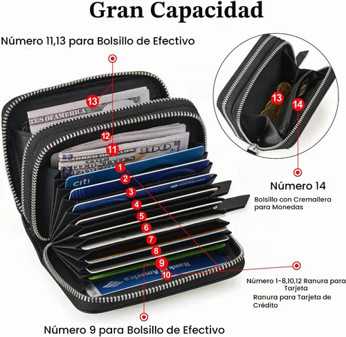 Vista 2 de KM Legend Cartera para mujer, delgada, con bloqueo RFID, tarjetero con ventana de identificación, monederos compactos con doble cremallera para Negro
