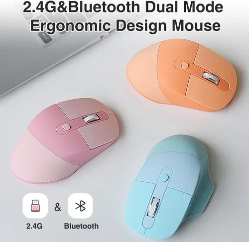 Vista 4 de Lomiluskr Ratón inalámbrico ergonómico de 2.4 G y Bluetooth de modo dual con cubierta de poliuretano, teclas sin sonido, colores dulces, compatible
