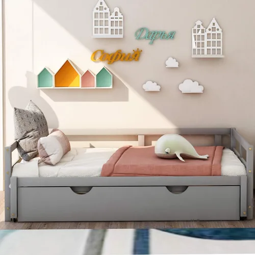 Vista 3 de Sofá cama tamaño individual, sofá cama individual con nido, sofá cama de madera extensible, sofá cama para dormitorio/sala de estar, gris