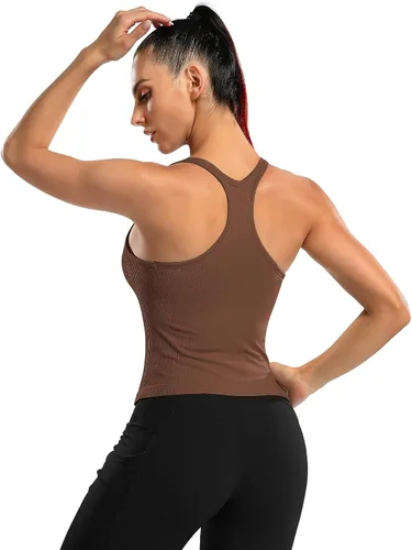 Vista 89 de ATTRACO Camiseta corta acanalada de entrenamiento para mujer con brasier integrado para yoga, espalda cruzada, ajuste ajustado