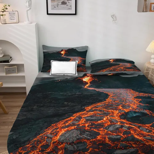 Vista 2 de Volcano Sábanas tamaño individual, sábanas de magma, sábanas y fundas de almohada estampadas de 3 piezas, sábana bajera ajustable de microfibra