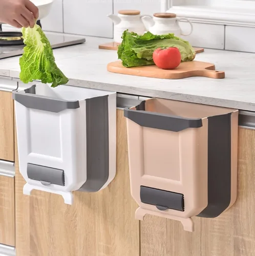 Vista 3 de BWGHBH Papelera colgante para puerta de armario de cocina, cubo de basura plegable para cocina, dormitorio, baño y automóvil (2.1 galones, caqui)