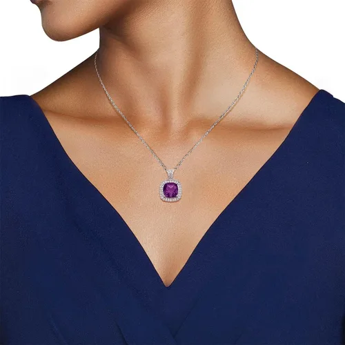 Vista 6 de Jewelili Sterling Silver 10x10MM Cushion Swiss Blue Topaz, Amethyst and Round White Topaz with 1.5MM Round Emerald on Back Halo Pendant Necklace, 18