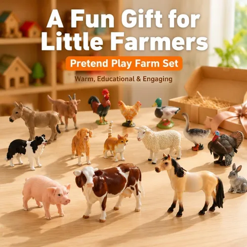 Vista 5 de EOIVSH - Juguetes de animales de granja para niños de 3 a 7 años, figura de juguete de plástico con vaca, caballo, pato, gato y perro