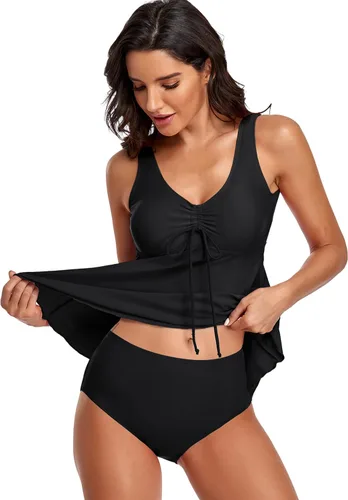 Vista 2 de Omichic Trajes de baño tankini para mujer, de dos piezas, blusa tipo tankini modesta con parte inferior de bikini Negro