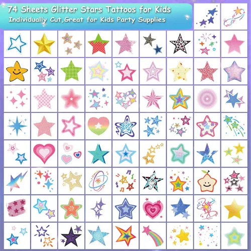 Vista 2 de CHARLENT Tatuajes temporales de estrellas con purpurina para niños, 74 hojas individuales, impermeables y fáciles de despegar, perfectos