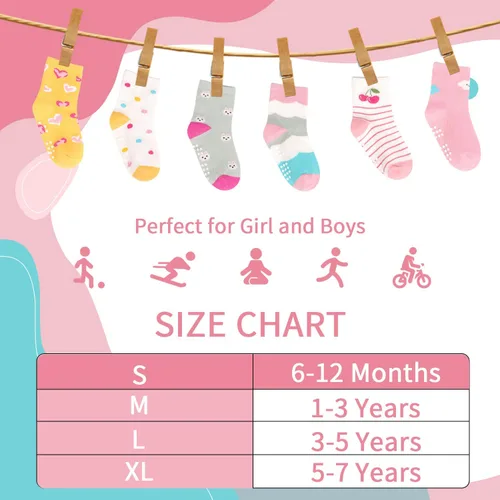 Vista 6 de Calcetines antideslizantes para niños pequeños, 15 pares, calcetines de agarre para niñas y niños de 0 a 7 años, calcetines suaves de dibujos
