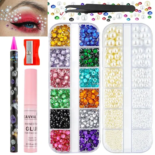 Vista 13 de Canvalite 18000 piezas de diamantes de imitación para la cara, gemas multicolores para ojos, cabello y uñas con pegamento de maquillaje de secado