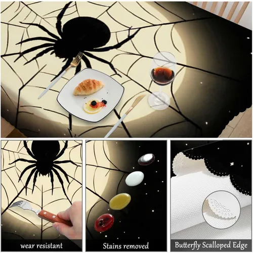 Vista 6 de Swono Mantel rectangular de Halloween de 52 x 70 pulgadas, diseño de araña negra de terror en telaraña, luna, resistente para mesas rectangulares