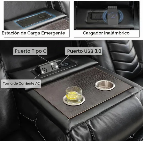 Vista 3 de Sofá reclinable manual con cargador inalámbrico para sala de estar, 3 plazas eléctrico de cuero con reclinable, juego de sofá reclinable de 3