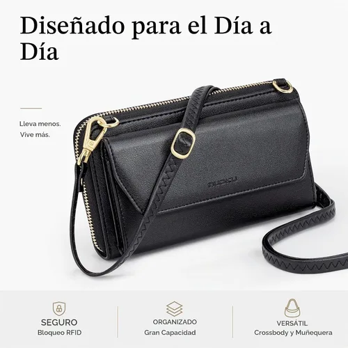 Vista 3 de nuoku Cartera RFID para Mujer Monedero Muñequera Bandolera Clutch con Cremallera Perimetral 2 Correas Negro