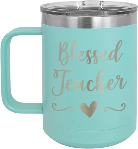 Vista 10 de BLESSED TEACHER Negro 15 oz Taza de café w/tapa deslizante Taza de café de viaje aislada Ideas de regalos de cumpleaños o Navidad de mujeres u