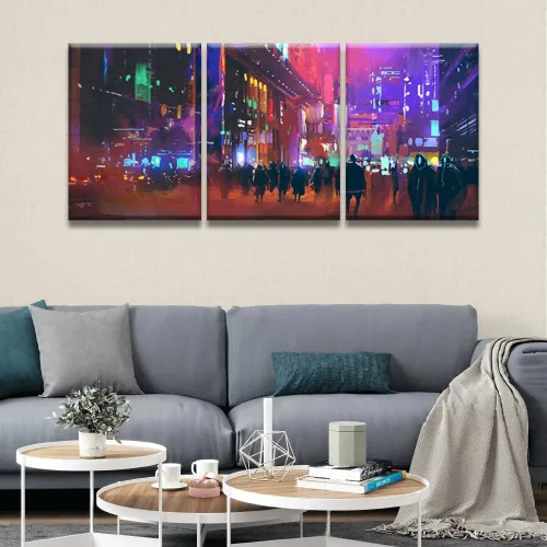Vista 4 de Lienzo decorativo para pared, diseño de ciudad futurista Cyberpunk para sala de estar, impresión multipanel, obra de arte de cocina, pintura